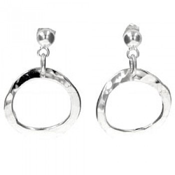 Hammered Silver Circle Earrings - 35mm Long