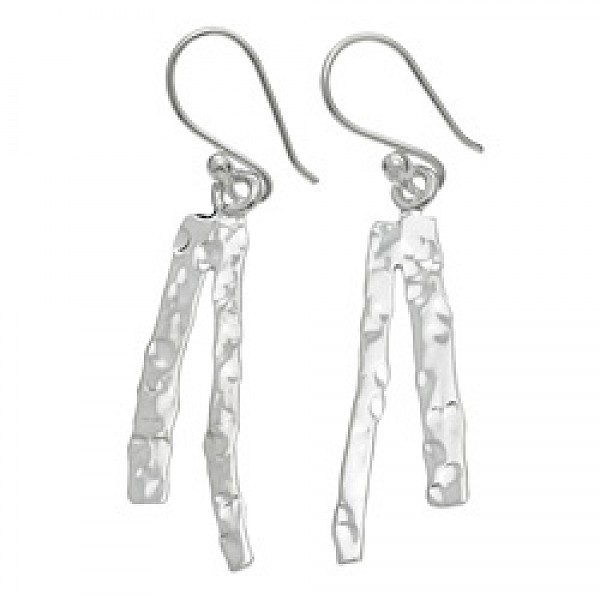Hammered Strip Drop Silver Earrings - 40mm Long