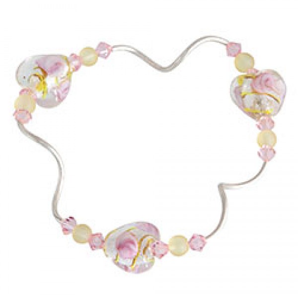Heart Rose Glass Beads Silver Tubes Bracelet