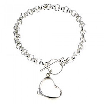 Heart T Bar Chain Silver Bracelet - Fine links