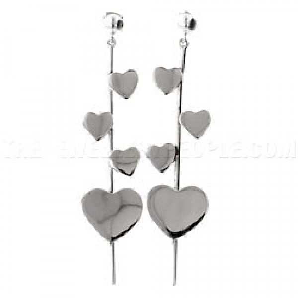 Hearts Pole Silver Earrings - 80mm Long