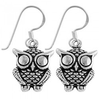 Large Owl Chunky Silver Drop Earrings - 35mm Long