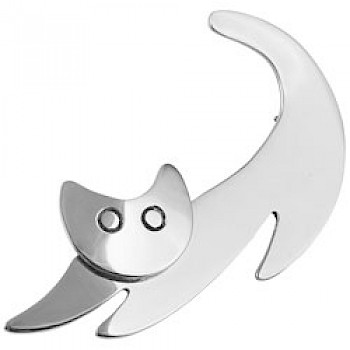 Large Polished Silver Cat Brooch - 57mm Wide