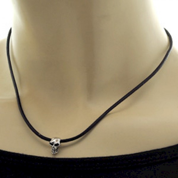 Leather & Silver Skull Necklace - SK022
